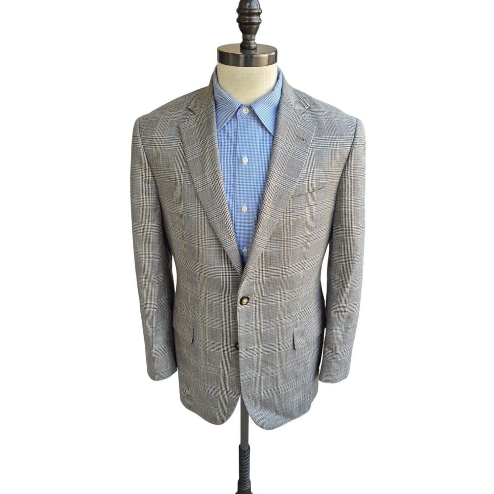 Brooks Brothers 1818 Madison Silk Wool Glen Plaid Blazer Sport Coat 40R Grey Tan